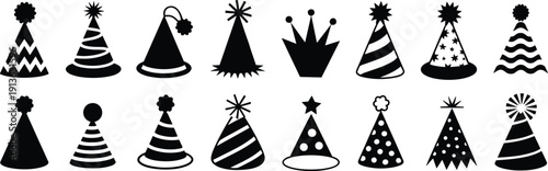 Collection of Black and White Party Hats with Various Patterns and Decorations Keywords: party hat, birthday, celebration
