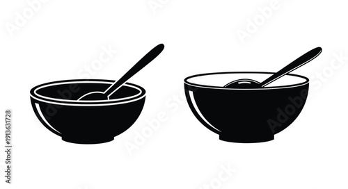 Two black bowls with spoons a minimalist design silhouette