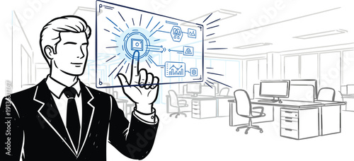 Businessman in office setting interacting with virtual key icon on transparent screen