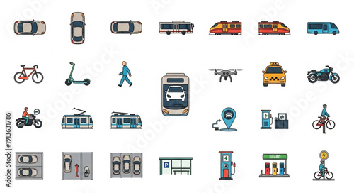Collection of diverse transportation vehicles and modes.