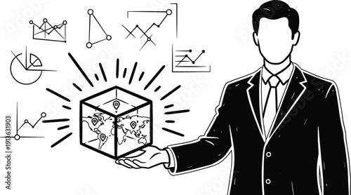 A businessman holds a cube with various charts and graphs emanating from it, surrounded by different statistical diagrams and illustrations.