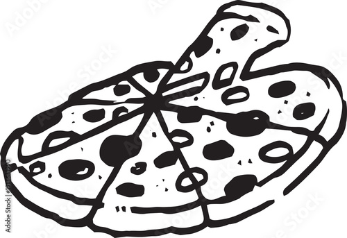 Hand drawn pizza doodles PNG transparent background. Vector illustration of fast food icons in naive art style. Line drawing pizza for menu, branding, food shop, cafe, restaurant