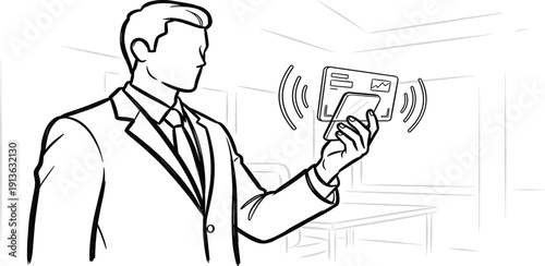 A businessman in a suit holding a card and a smartphone with wireless signal waves in an office environment from a side view