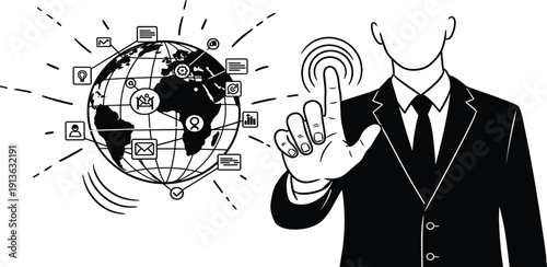 Businessman interacting with global network illustration showcasing technology advancements