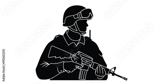 Soldier with rifle and communication gear a stark black silhouette