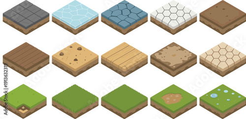 Isometric ground terrain tiles set with stone, ice, snow, sand, wood, dirt and grass blocks, perfect for game maps, level design and tilesets.