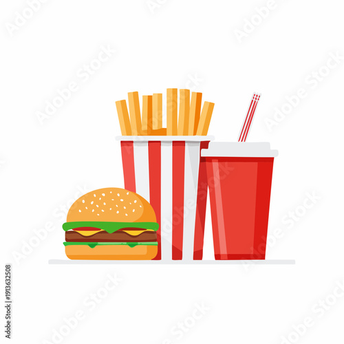 Fast food meal illustration with hamburger, french fries, and soda drink. A classic combo for quick, convenient, and satisfying dining options