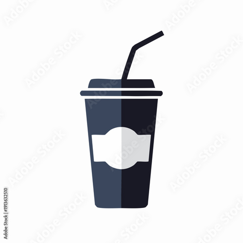 A modern, minimalist illustration of a dark blue disposable cup with a white label and a black straw, perfect for representing beverages and refreshments