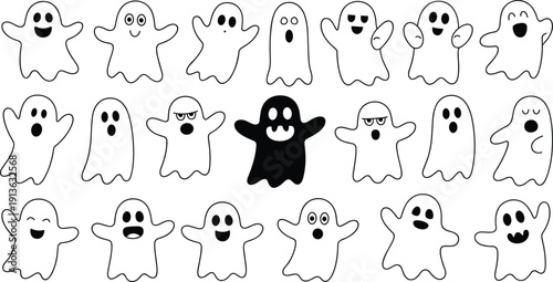 Collection of cartoon ghosts with various facial expressions and one black ghost Keywords: ghost, halloween, cartoon, spooky
