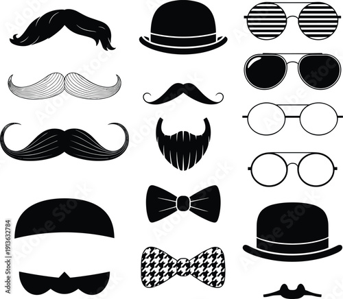 Collection of Vintage Gentleman Accessories Mustaches Hats Bow Ties and Glasses Keywords: mustache, handlebar, chevron, walrus
