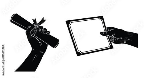 Hands holding a diploma and frame a striking black silhouette