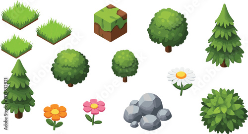 Set of cartoon isometric nature elements including grass tiles, trees, bushes, rocks, and flowers, perfect for game assets, fantasy maps, and UI design.
