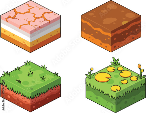 Set of four cartoon isometric terrain blocks including cracked desert, layered soil, grassy land, and swamp with lily pads, perfect for game UI and fantasy map design.
