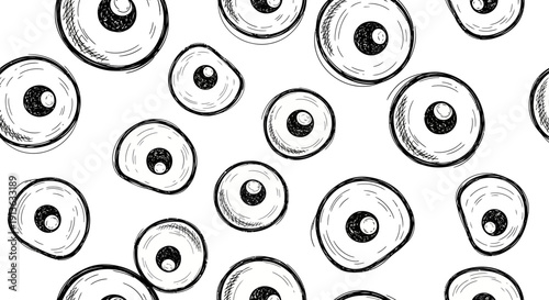 Hand drawn circles with eyes, abstract illustration of cells or eyes pattern