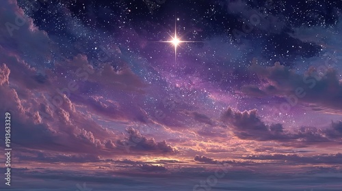 A breathtaking twilight sky featuring layers of purple and pink clouds beneath a deep violet firmament filled with shimmering stars and a single, brilliant North Star. 