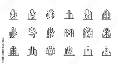 Minimalist Line Art Building Logos Representing Real Estate and Finance
