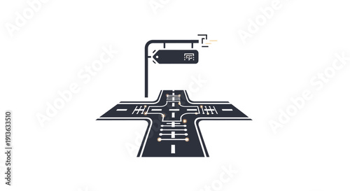 Black and white road intersection sign.