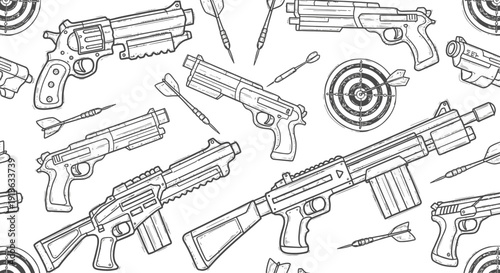 Various firearms and darts pattern illustration in a white background