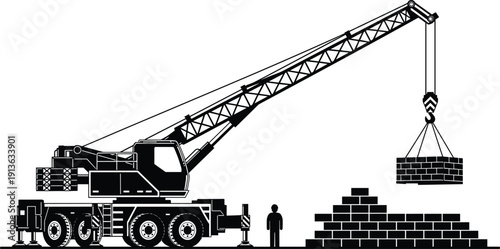 Black mobile crane silhouette lifting concrete blocks, heavy construction machinery icon with worker, industrial building equipment isolated flat vector illustration.
