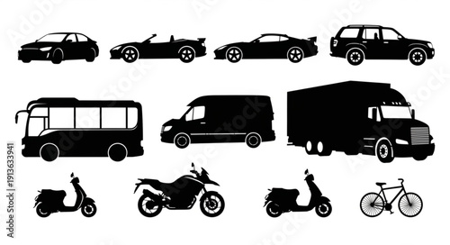 Collection of diverse vehicle silhouettes for transportation concepts.