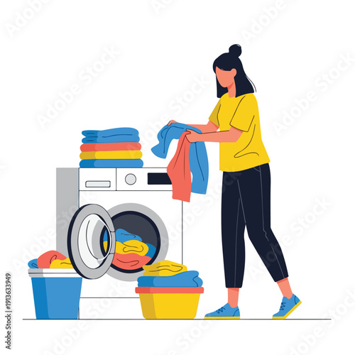 Woman doing laundry near washing machine in modern scene