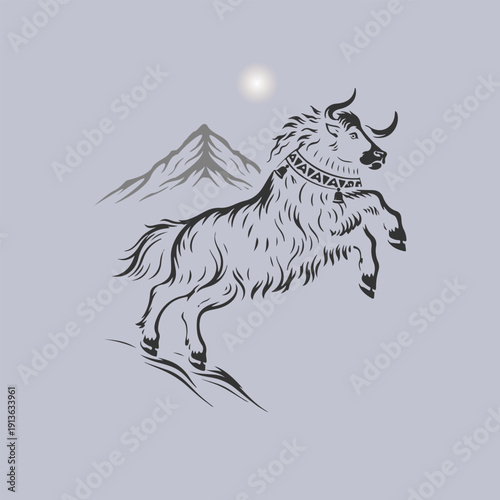 Himalayan Mountain Goat Vector Illustration with Alpine Landscape Background