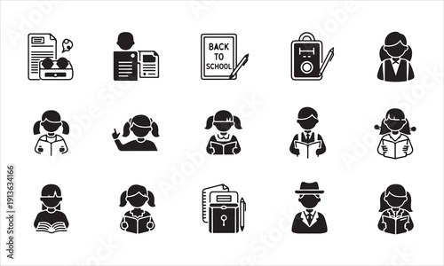 Back to school vector silhouettes set with students, school supplies, and education icons isolated on white background