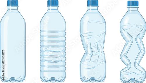 Plastic water bottles set empty and crushed transparent recyclable PET containers isolated vector illustration packaging design environmental waste concept collection