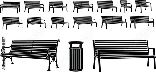 Park bench silhouettes set outdoor public seating furniture collection with trash can black vector illustration isolated on background