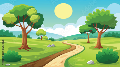 A vibrant cartoon landscape depicts a winding path through a green field and trees high-quality