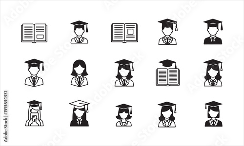 Back to school vector silhouettes set with students, school supplies, and education icons isolated on white background