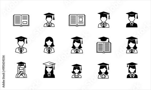 Back to school vector silhouettes set with students, school supplies, and education icons isolated on white background
