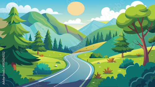A winding road leads through a vibrant hilly landscape under a bright yellow sun high-quality