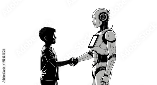 A child and a humanoid robot shaking hands, symbolizing the future of human-robot interaction and technological advancement in a black and white illustration