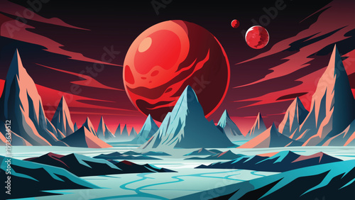 A dramatic landscape depicts a red planet dominating the skyline over jagged mountains high-quality professional