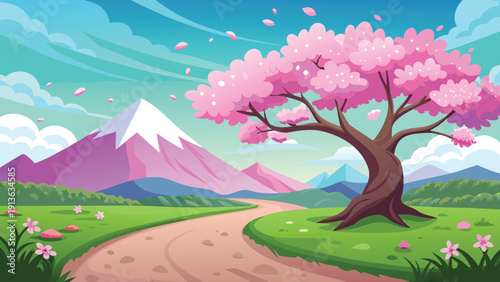 A vibrant illustration depicts a pink cherry blossom tree with a mountain backdrop high-quality professional