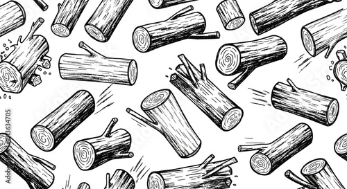 Wood Logs Pattern Background Hand Drawn Sketch Black and White Illustration