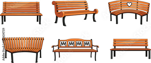 Wooden park bench illustration set showing decorative outdoor seating furniture designs for garden street city landscape vector isolated white background