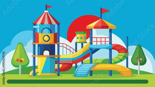 A colorful illustration of a children s playground with slides towers and a bright red sun
