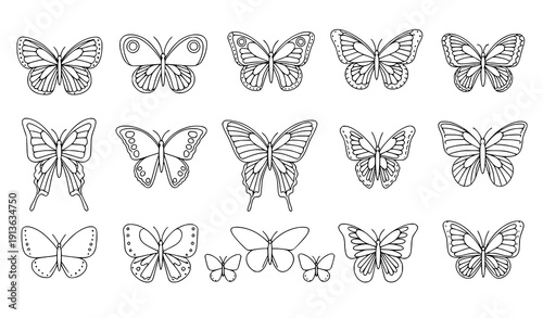 Photos Butterfly doodle hand drawn icon set with outline wing variations vector illustr
