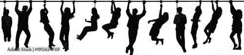 Silhouettes of diverse people hanging from a horizontal bar on a white background playground