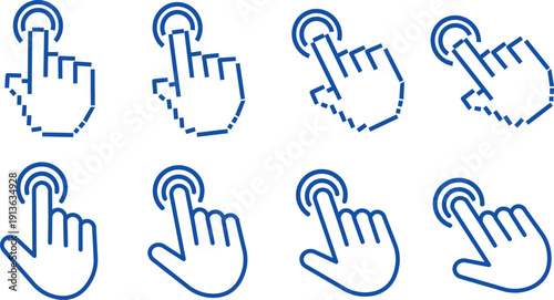 Professional clicking cursor icons, startup website navigation symbols.Minimalist mouse pointer icons, computer navigation symbols, clicking hand and arrow graphics,
