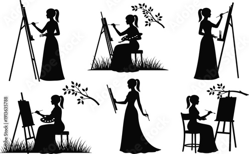 Black silhouette set of woman artist painting on easel, female painter in garden and studio, creative hobby isolated vector illustration.