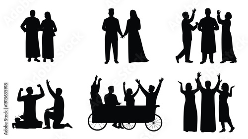 Vector silhouette set for eid ul fitr featuring joyful people celebrating and interacting in various poses on white background