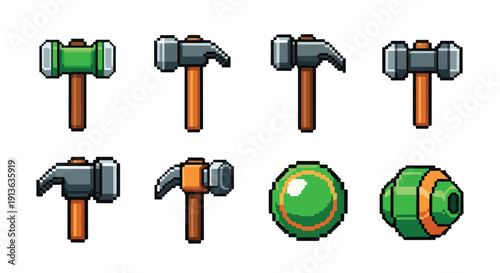 Eight pixel art game assets featuring various hammers and two spherical green bombs, isolated on a clean white background.