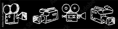 Set editable chalk drawing filming camera vector for cinema studies. Ideal for blackboard movie schedules and student film projects. Symbolizes directing, video production, and visual storytelling.
