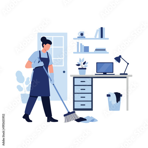 Woman sweeping floor in modern home office with blue and white accents