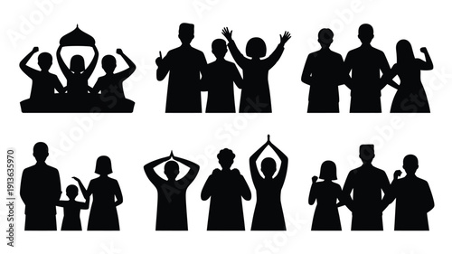 Eid ul fitr celebration silhouettes with joyful people in various poses hands raised in prayer or celebration on white background