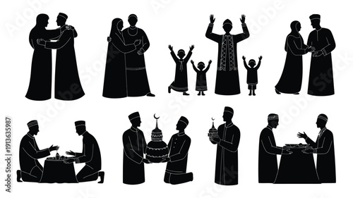 Collection of black silhouettes depicting various cultural and social interactions people in traditional clothing family moments and celebrations on white background