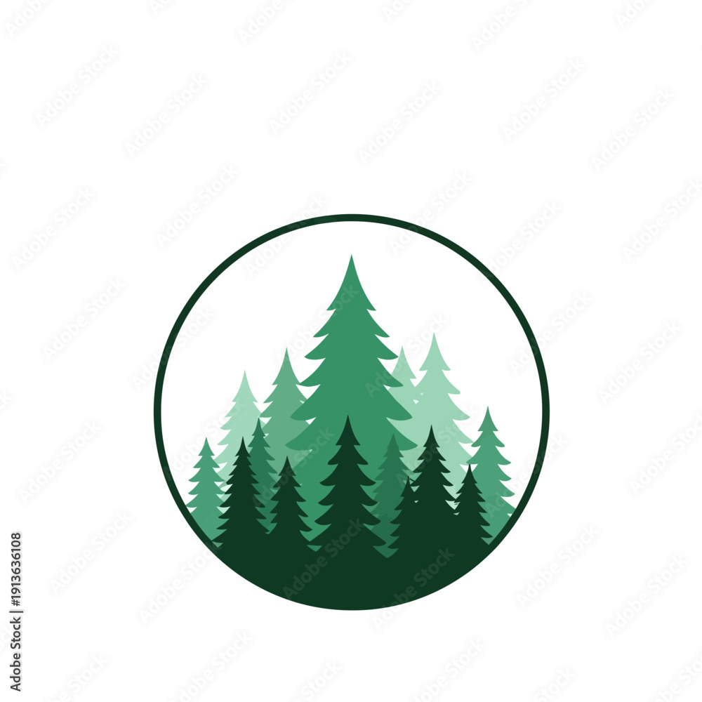 Obraz premium Icon set of green pine trees in a circle, representing nature and forestry